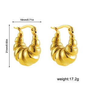Hollow gold chunky hoop earrings with spiral texture measuring 18mm by 21mm