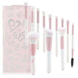 Set of 12 marble handle makeup brushes with pink bristles and a matching leather bag