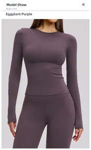 Eggplant purple brushed long sleeve yoga top and high waist leggings for fitness sports