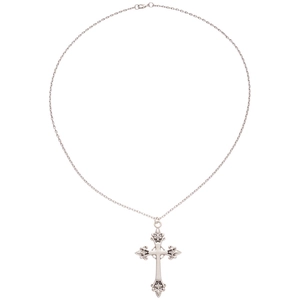 Silver fleur-de-lis cross pendant necklace with diamonds on a white background