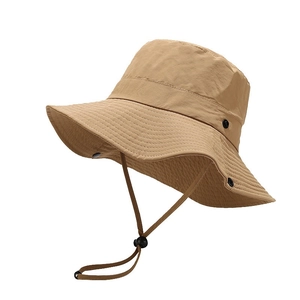 Khaki wide brim sun hat with adjustable chin strap and breathable side eyelets