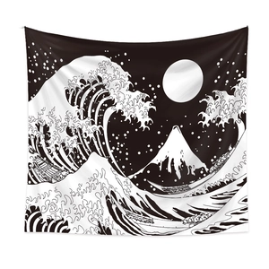 Detail of Great Wave tapestry with black and white mountain and moon wall hanging