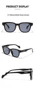 Detail view of black square sunglasses featuring metal accents and temple specifications