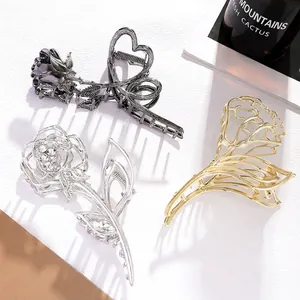 Rose Flower Metal Hair Claw Clips Alloy Elegant Rhinestone Hollow Shark Clip For Women Girls Vintage Hair Accessories