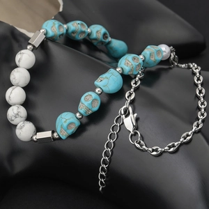 Bracelet gothique hip-hop en acier inoxydable avec perles tête de mort et perles blanches