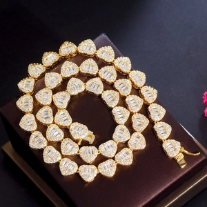 Hip-hop heart link necklace with baguette-cut zircons and gold-plated cuban chain style