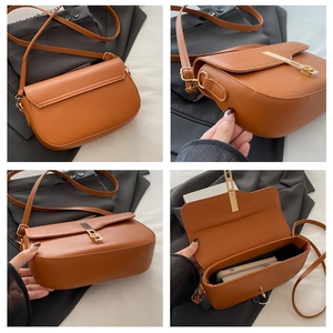 Detailed views of a brown leather saddle bag showing adjustable strap and inner capacity