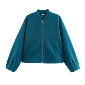 Detailed flat lay of casual dark blue zip-up jacket with size S label on neck