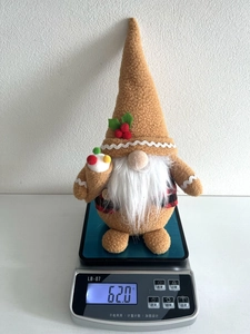 Detailed scale view of the Christmas gnome plush showing a product weight of 62 grams