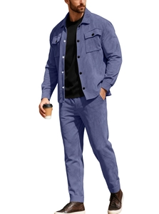 Mens casual blue suede-feel two-piece set featuring button-up jacket and trousers