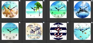 Collage of silent wood wall clocks featuring beach, starfish, and nautical themes