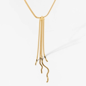 Gold triangle tassel necklace featuring a snake chain and geometric fringe design