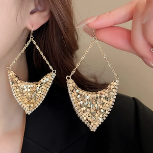 Elegant gold triangular mesh earrings with metallic tassel and floral accents for women