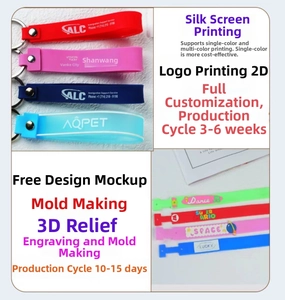 Detailliertes Gitter aus bunten Silikon-Armbändern und Schlüsselanhängern mit 3D-Logos