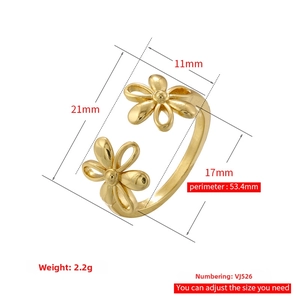 Detailed view of adjustable golden double flower ring with size specifications and dimensions
