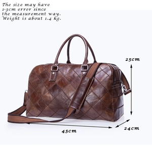 Deep brown leather travel bag showing dimensions 45x25x24cm and 1.4kg weight details