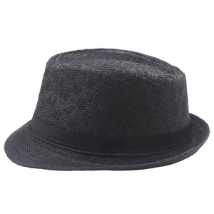 Classic black straw fedora hat for men featuring a decorative band and sun protection brim