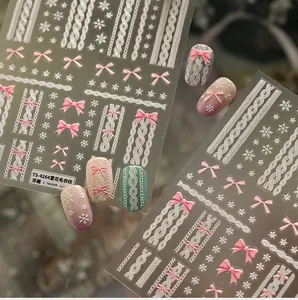 Macro detail of 5D embossed nail art stickers with pink bows and white sweater texture