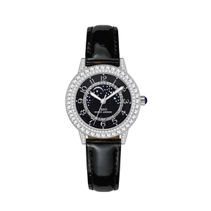 Black leather strap watch with star-pattern dial and double-row crystal bezel for women
