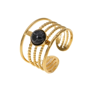 Adjustable 5-layer gold-plated titanium steel ring with a turquoise-style black stone insert
