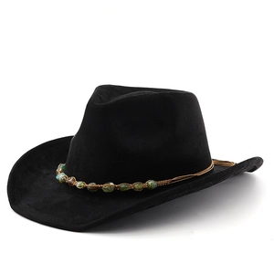 Bohemian black suede western cowboy hat with ethnic beaded band and curved brim for outdoor use