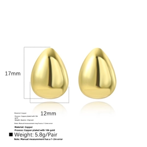 Detailed specs of teardrop 18k gold plated copper earrings measuring 17mm by 12mm