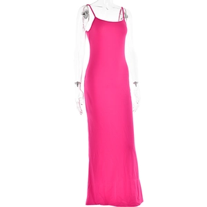 Close-up of rose pink backless maxi dress showing smooth fabric and sleek fit