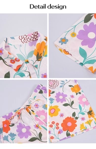 Detail of vibrant floral print shirt collar, elastic waistband with drawstring and sleeve cuff
