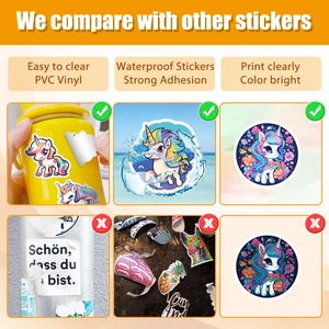 Waterproof PVC vinyl unicorn stickers showing strong adhesion and vivid color print