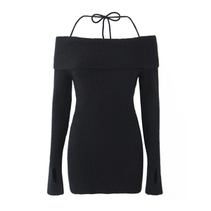 Black off-shoulder knit mini dress with halter neck tie and thumbhole long sleeves