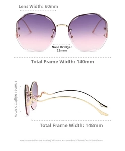 Detailed dimensions of rimless gradient sunglasses with gold wavy metal temples