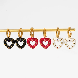 Luxury heart drop earrings in black, pink, and white enamel with colorful accents