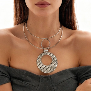 Statement Double Layer Choker Necklace Alloy Hollow Large Round Pendant Woven Texture Geometric Exaggerated Punk For Women
