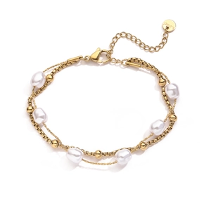 Gold plated stainless steel double layer bracelet with white baroque pearls and round tag