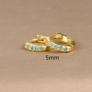 Gold-plated S925 silver hoop earrings with blue turquoise stones and 5mm diameter detail