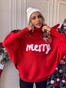 Women's festive red turtleneck Christmas sweater with merry lettering and batwing sleeves