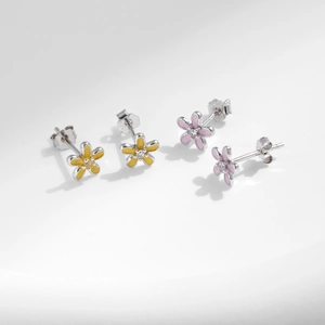 Elegant S925 silver five-petal flower earrings in yellow and pink enamel with crystal center