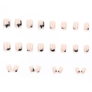 Cute black cat cartoon press-on nails set with french tips and fishbone patterns