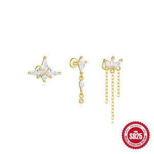 Boucles d'oreilles étoile cerf-volant en argent S925 doré avec chaînes zircon