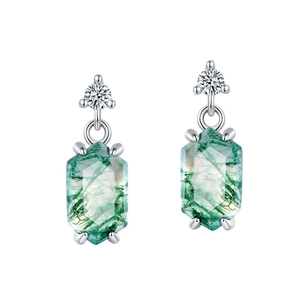 Elegant S925 silver moss agate earrings featuring hexagonal green gemstones in retro style