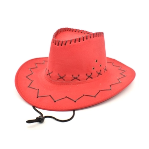 Detail of red faux suede cowboy hat with black stitching and adjustable windproof cord
