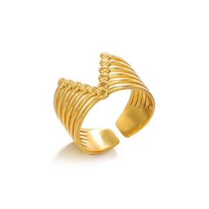 Minimalist V-shaped gold plated stainless steel open ring with layered hollow design
