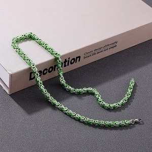 Men's 5mm silver and green stainless steel Byzantine chain necklace with lobster clasp