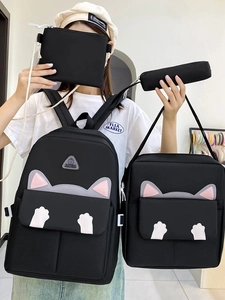 Black 4-piece set of cat-themed nylon backpacks including tote bag and pencil case