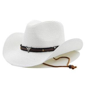 White woven cowboy straw hat with brown leather band, silver bull head charm and chin strap