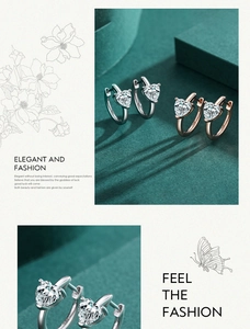 Detail of S925 silver heart zircon earrings in silver and rose gold on green velvet