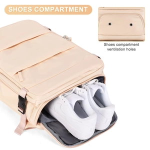 Detail of backpack shoes compartment with ventilation holes for travel storage