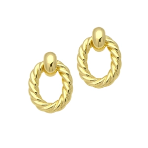 Close-up of gold-plated twisted rope texture on elegant circular C-shaped stud earrings