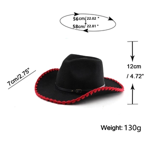 Detailed dimensions of black wool jazz fedora hat with red stitched brim and leather band