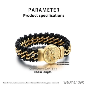 Detailed view of wolf head clasp on braided leather bracelet with 220mm length and 109g weight